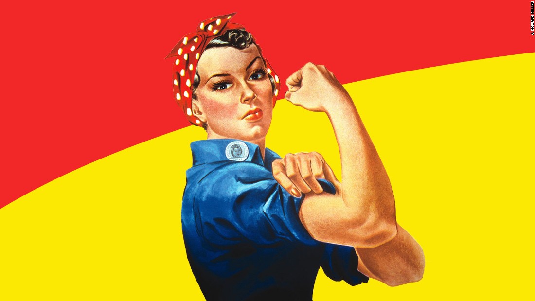 Rosie the Riveter. The iconic figure in red polka-dot bandana and blue work shirt, flexed arm raised, on a red-and-yellow poster background.